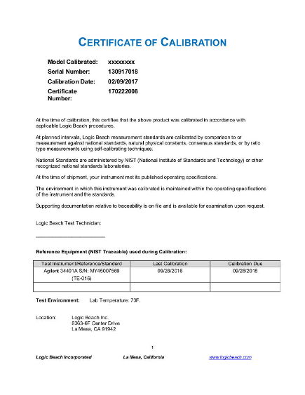 Example Cal Certificate